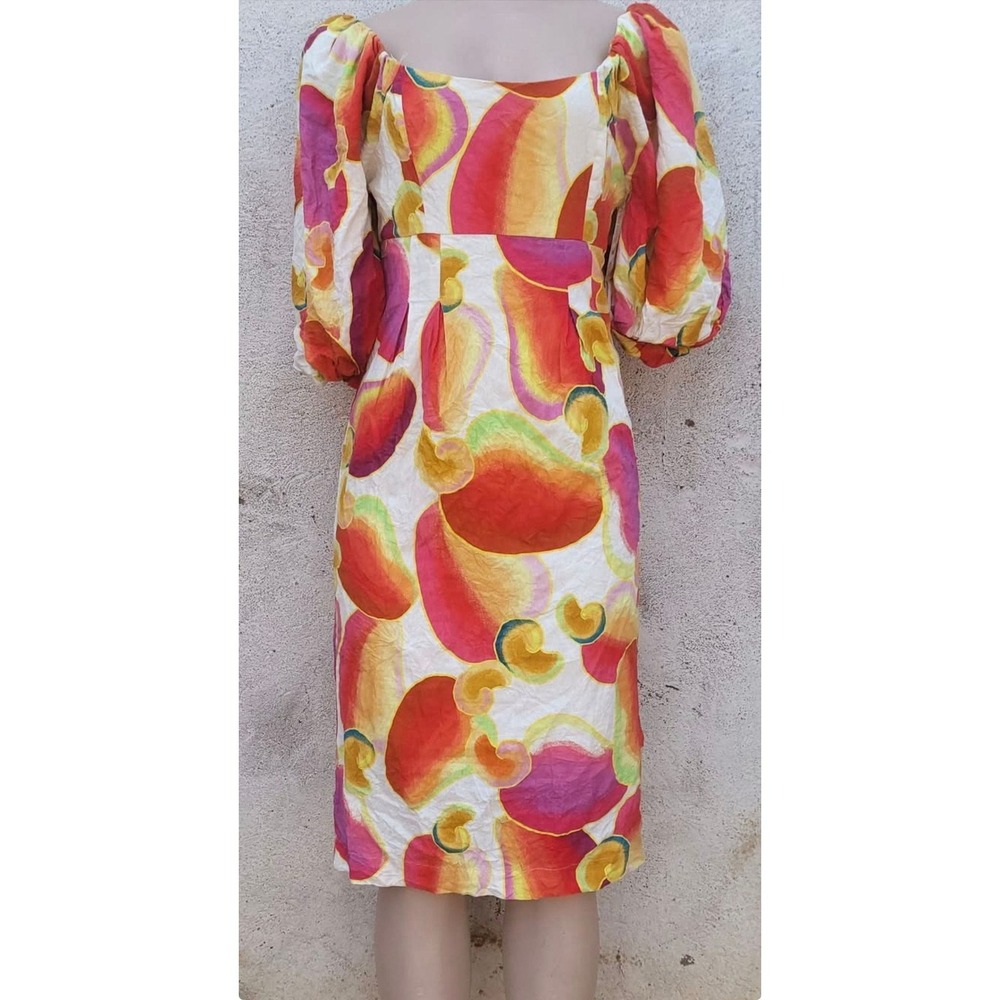 Farm Rio Colorful Abstract Puff Sleeve Mini Dress Size M New - Picture 2 of 7